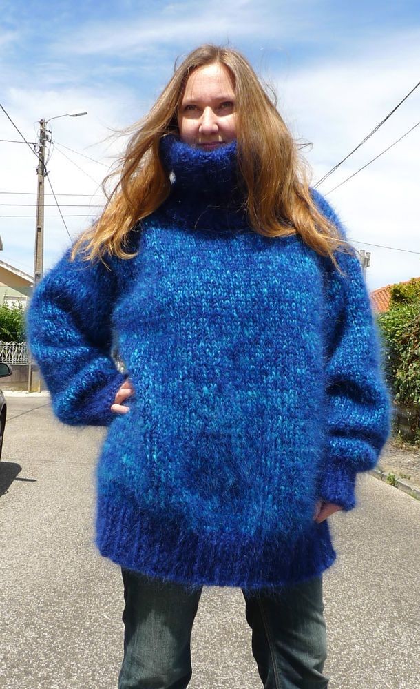 2.18Kg Blue Hand Knitted Longhair Mohair Sweater T...