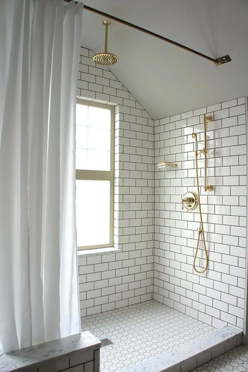 Bathroom - white subway tile, white vintage hex ti...