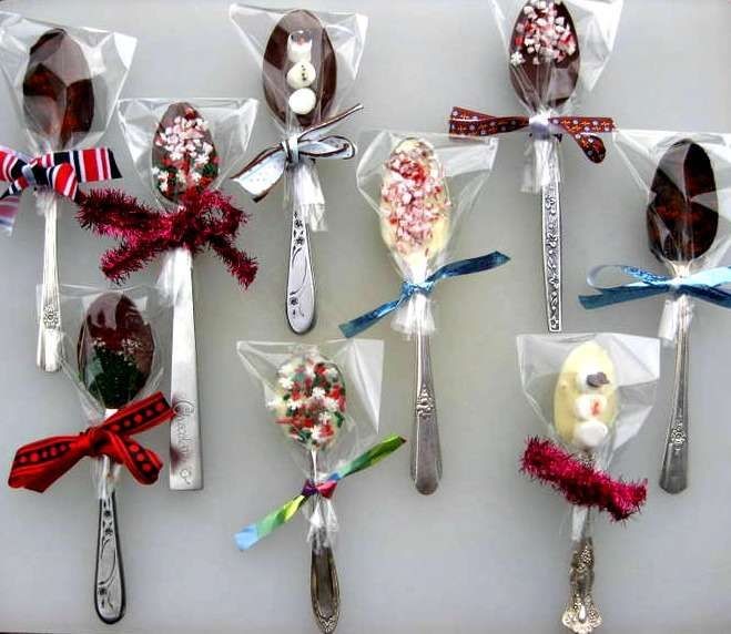 Instructions for chocolate-dipped spoons. Stir int...