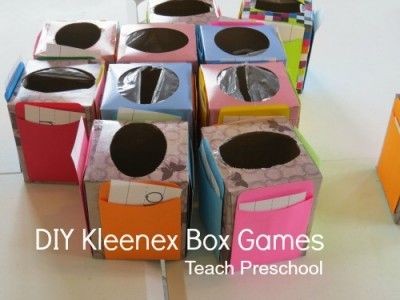 DIY Kleenex box (math) games. Each child has a box...