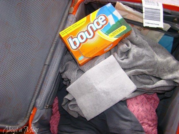 Stick a dryer sheet in your suitcase with your clo...