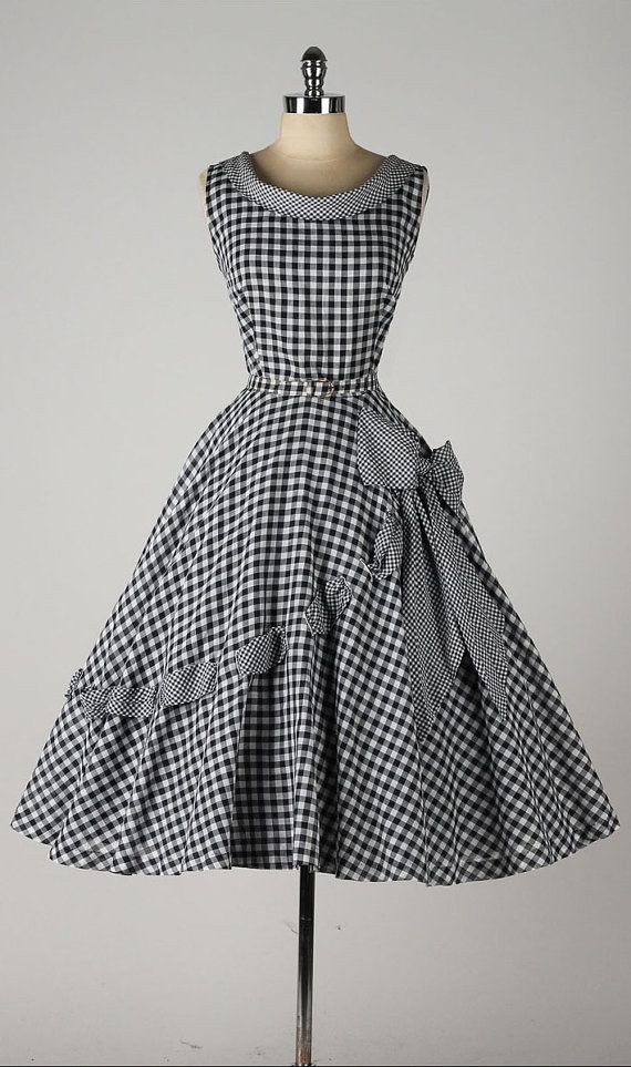 vintage 1950s dress . black gingham cotton . by mi...