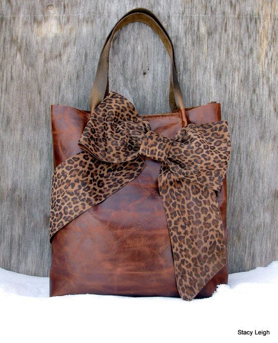 Leather Bow Tote in Distressed Brown  with Leopard...