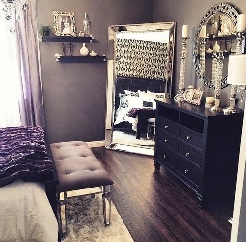 beautiful bedroom decor, black dresser, silver mir...