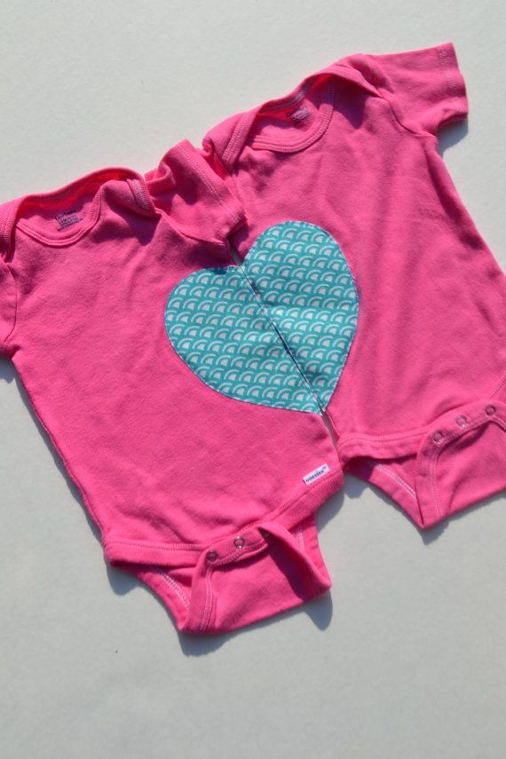 Twin Girl Baby Onesies Hot Pink Heart Applique 3-9...