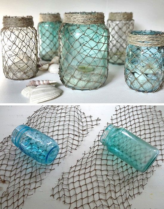 DIY Decorative Fisherman Netting Wrapped Jars