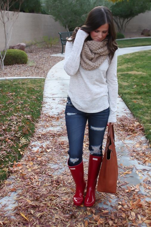 Chunky Infinty Scarf, Distressed Skinny Jeans, Red...