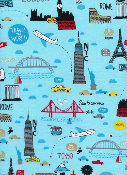Travel the World Fabric in Blue by Timeless Treasu...