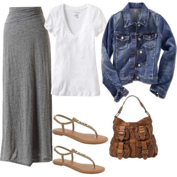 A gray maxi with a denim jacket and a white tee. I...