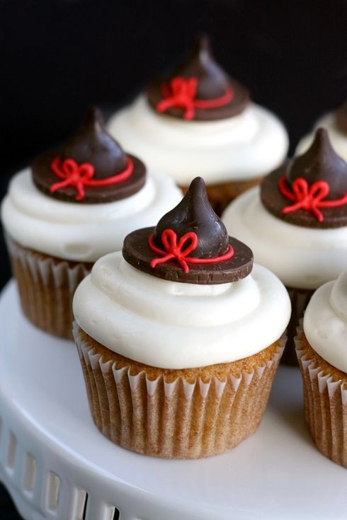 Pumpkin Cupcakes, decorated with little witch hats