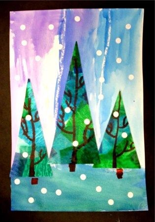 Winter trees, watercolour skies, tissue paper tree...