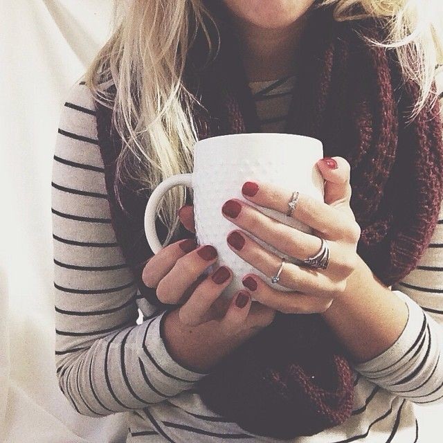 My favs - stripes, red nails, warm scarf, and tea