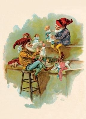 elves making dolls holiday cards