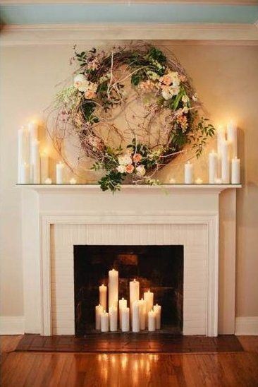 Gorgeous Ceremony Backdrop: Fireplace decorated wi...