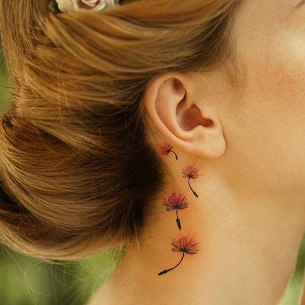 Dandelion tattoo behind ear - The dropping dandeli...