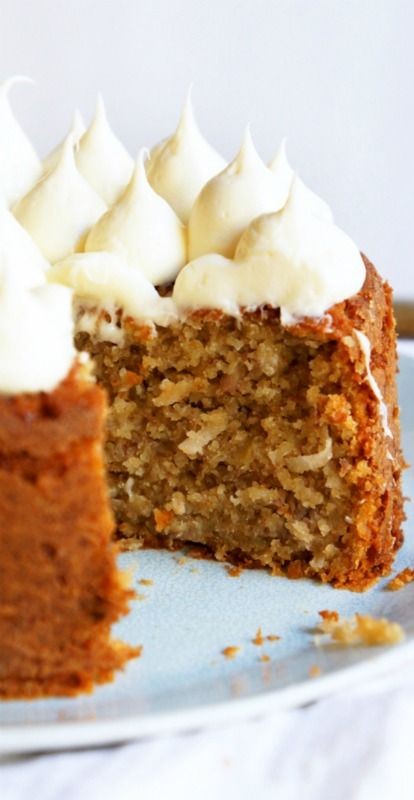 banana cake with coconut and creamy honey frosting