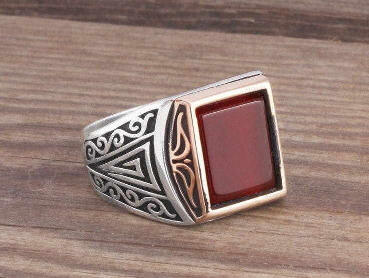 925 Silver Man Ring with Agate Men's Handmade Gems...