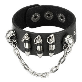 Biker Skulls and Bullets Snap Bracelet w/ chain -...