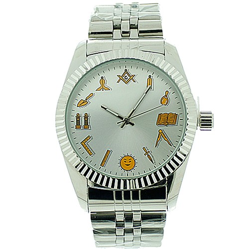 Masonic Watch - Silver Tone Steel Watch - Round Di...