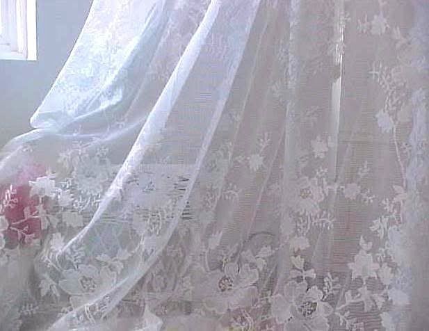 White French Roses Lace Netting Drapes Crystal Bea...