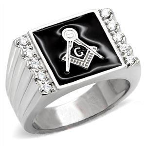 Steel Freemason Ring / Masonic Ring with Black Sto...
