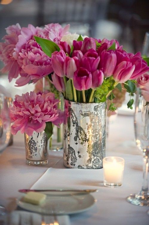Pink Tulips and Peonies in Silver Mercury Vases By...