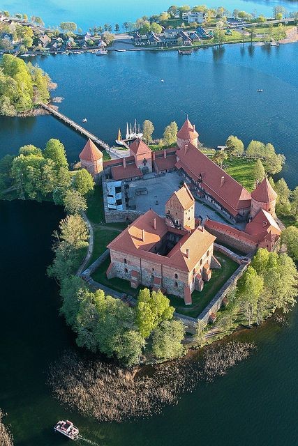Aerial view of Trakai Island Castle on Lake Galve,...