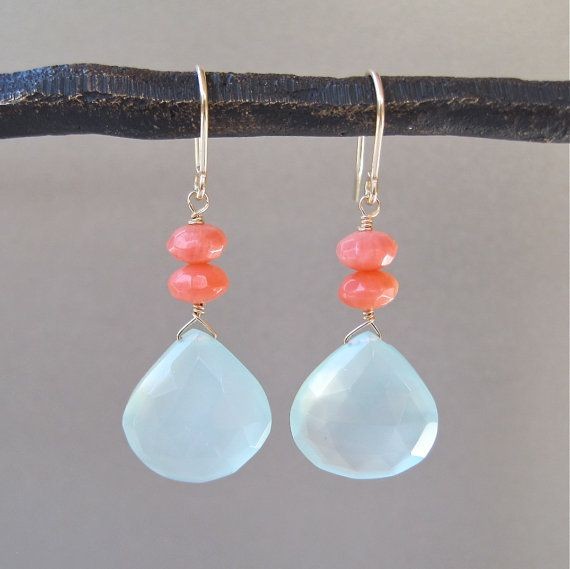 Aqua Chalcedony Briolette Earrings with Coral Acce...