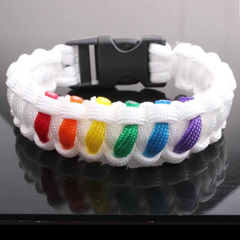 White 6 Stripe Rainbow Snap Clasp Paracord Bracele...