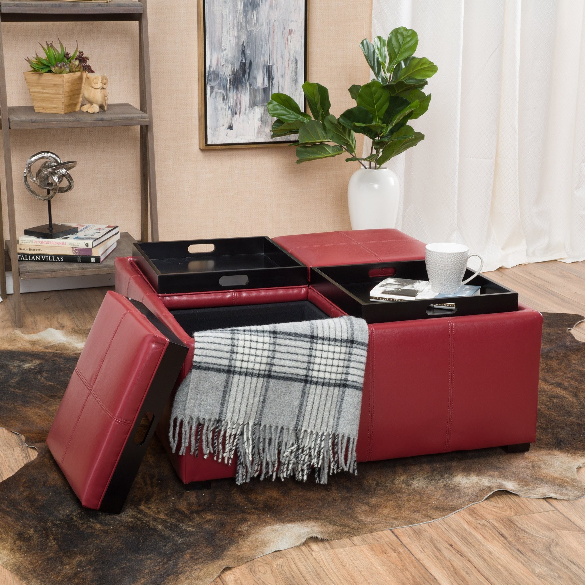 Geneva Red Four Sectioned Leather Cube Storage Ott...