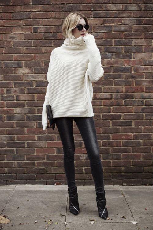 Oversized knit + leather skinnies