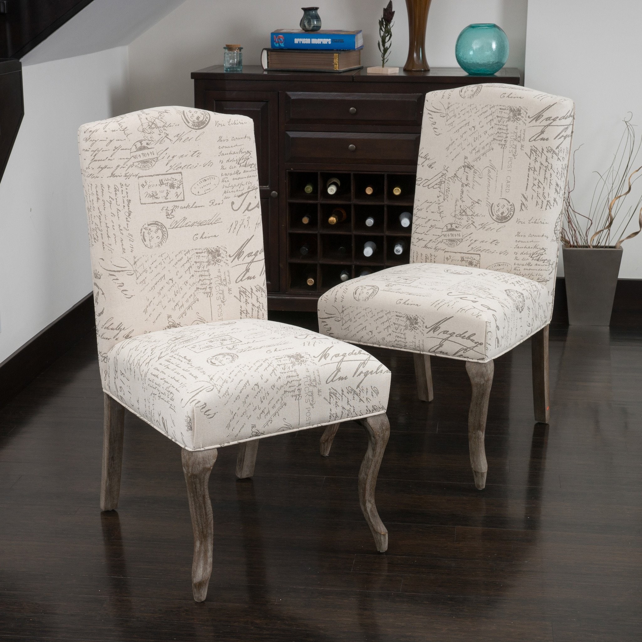 Crown Back French Script Beige Fabric Dining Chair...