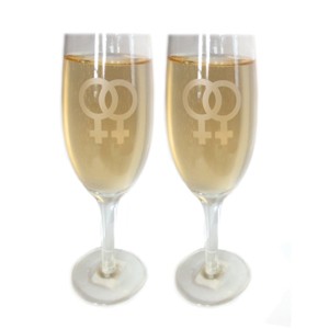 Lesbian Champagne Glass Flutes w/ White Double Fem...
