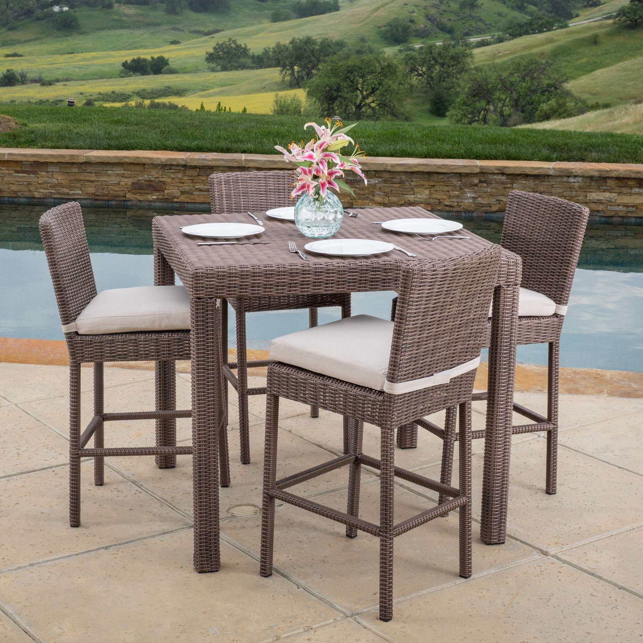 Ainsley Outdoor 5pc Brown Wicker Pub Dining Set