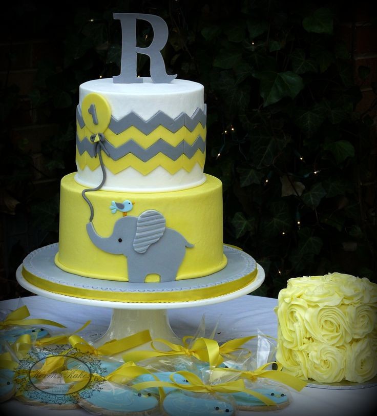 Yellow and grey chevron baby elephant 1st birthday...