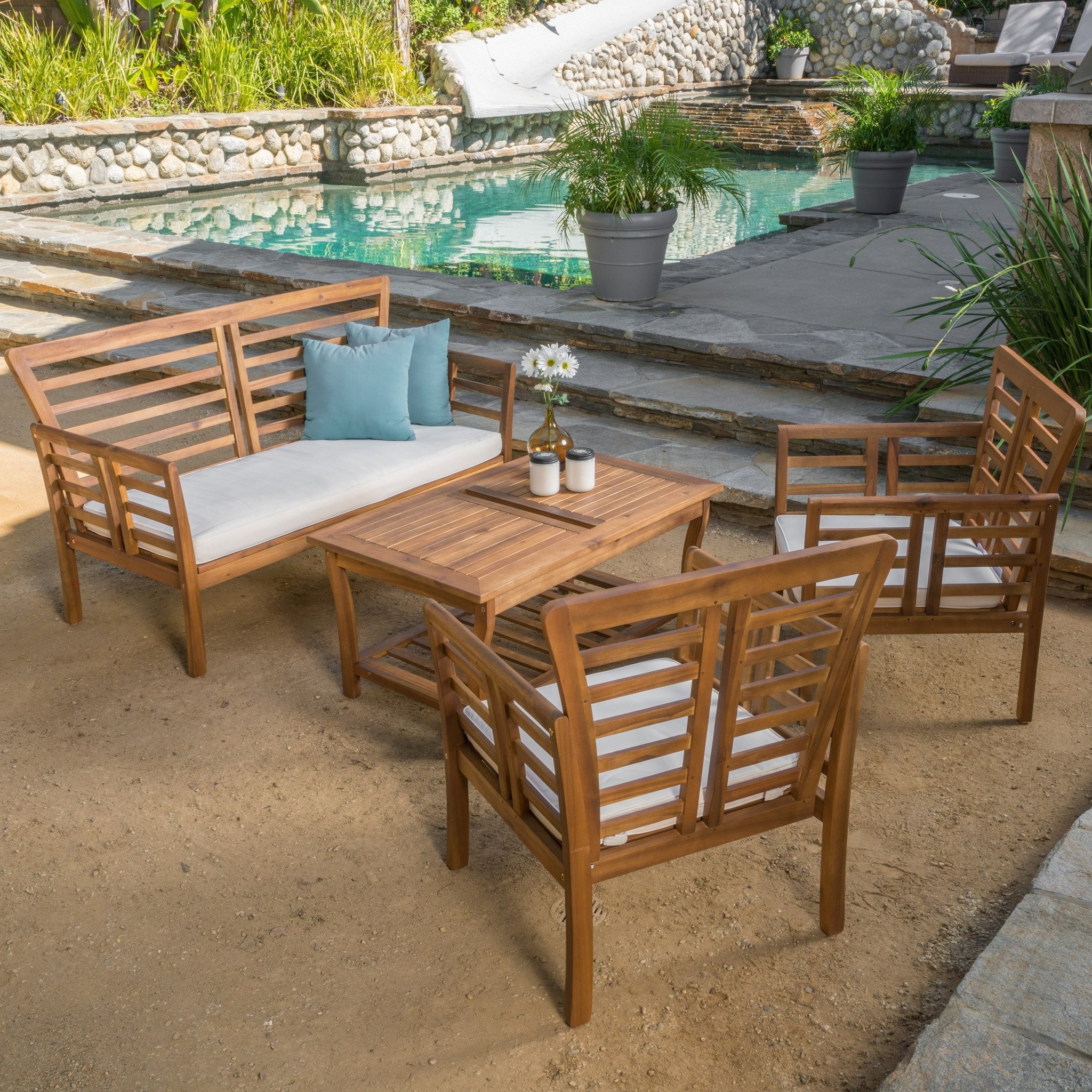 Louis Outdoor 4-piece Solid Wood Chat Set with Cus...