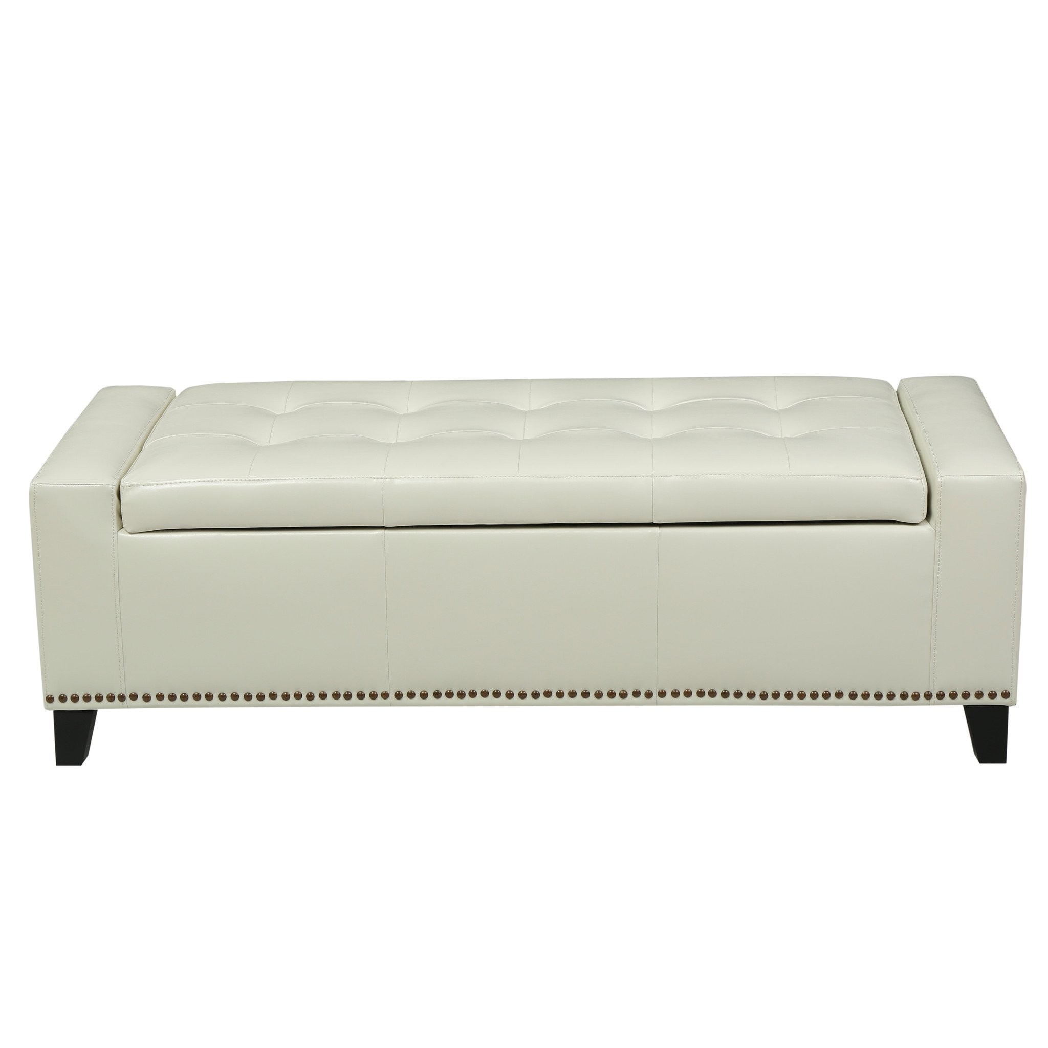 Robin Studded Off-White Leather Storage Ottoman Be...