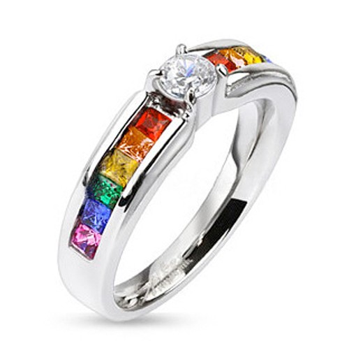 Rainbow Ring with CZ Middle Stone - Lesbian &...