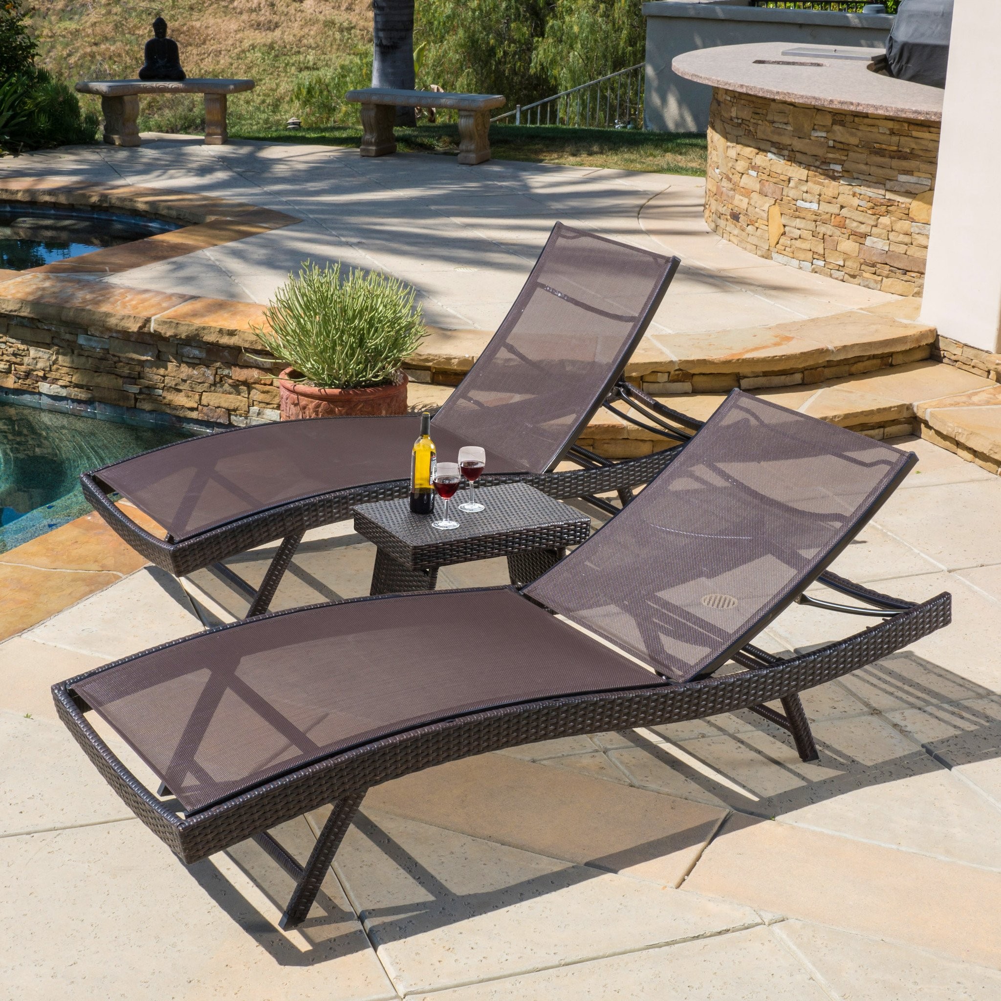 Eliana Outdoor 3pc Brown Mesh Chaise Lounge Chairs...