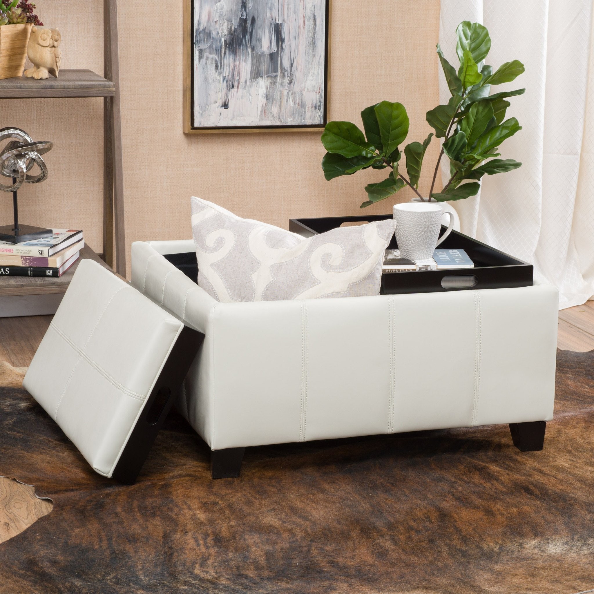 Justin 2-Tray-Top Ivory Leather Ottoman Coffee Tab...
