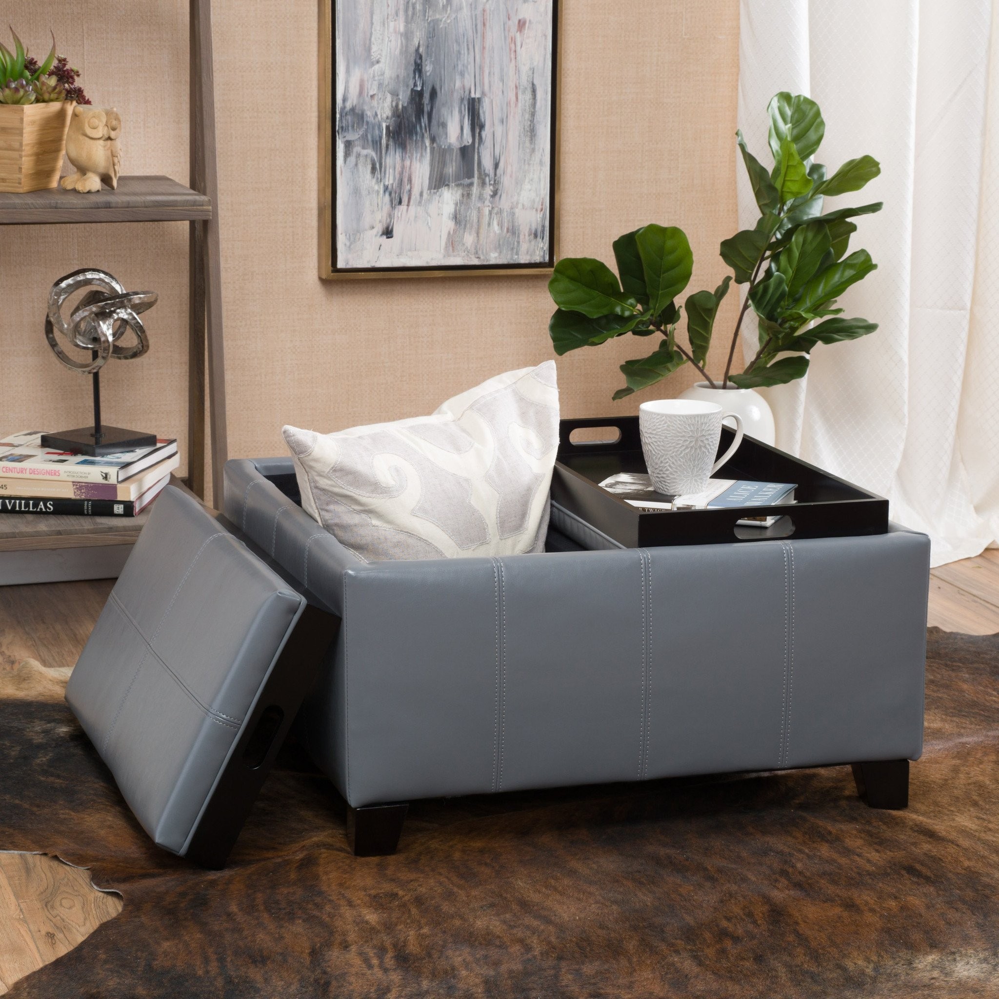 Justin 2-Tray-Top Gray Leather Ottoman Coffee Tabl...