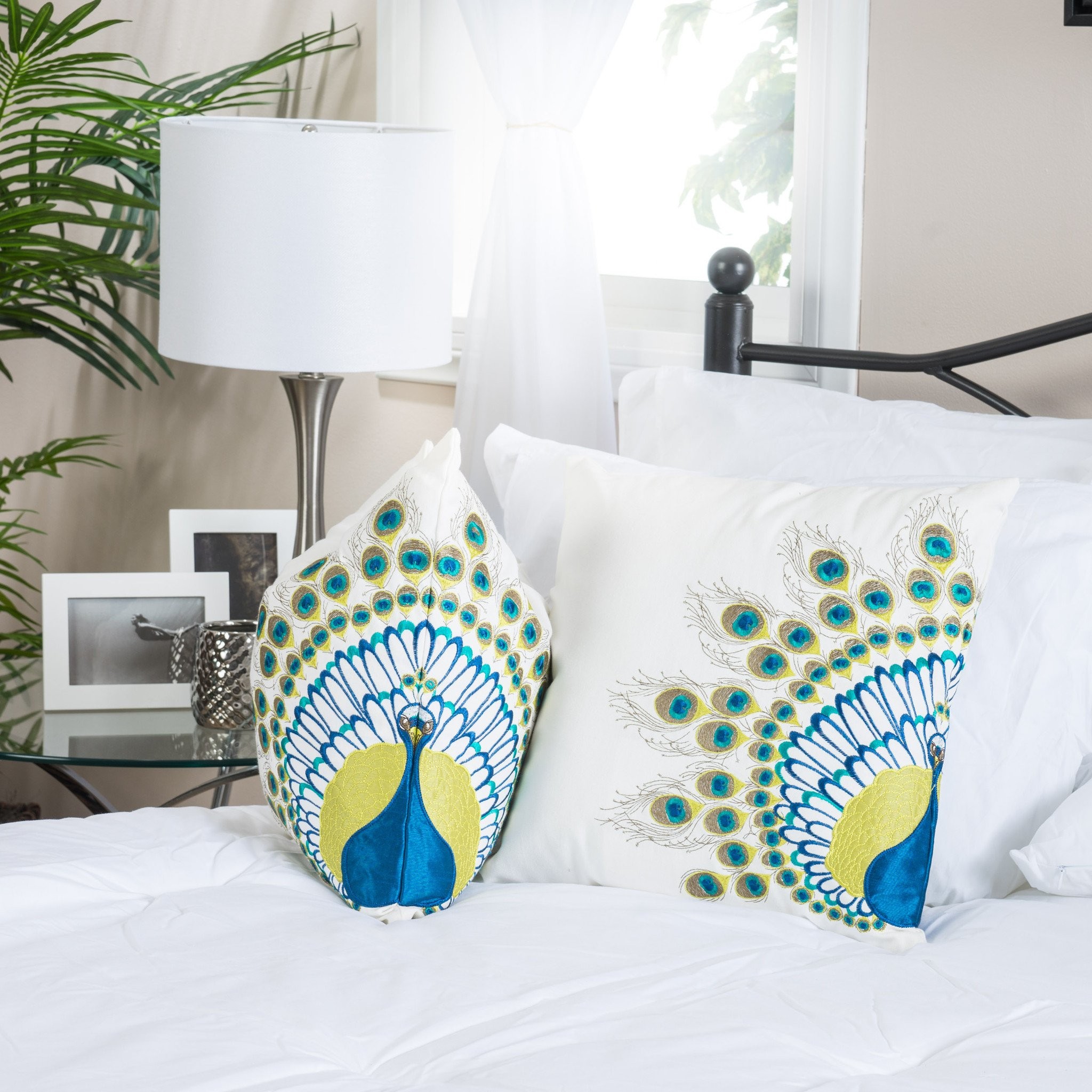 16" Embroidered Peacock Tail Throw Pillows (Set of...