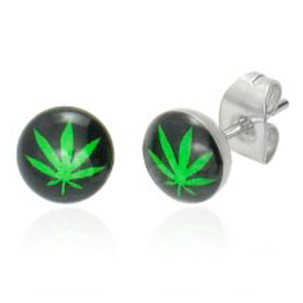 Marijuana Pot Leaf - Black and Green Stud Earrings...