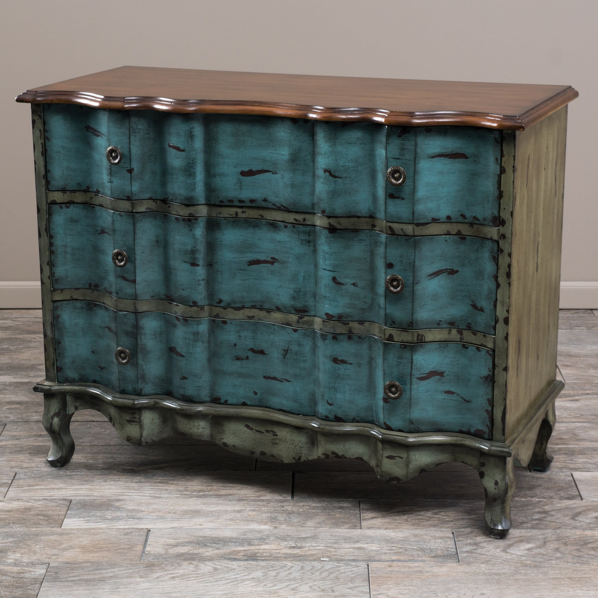 Wayne Antique Blue Green Brown 3-Drawer Cabinet