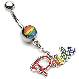 Rainbow Pride Script Belly Ring w/ Clear CZ - Gay...