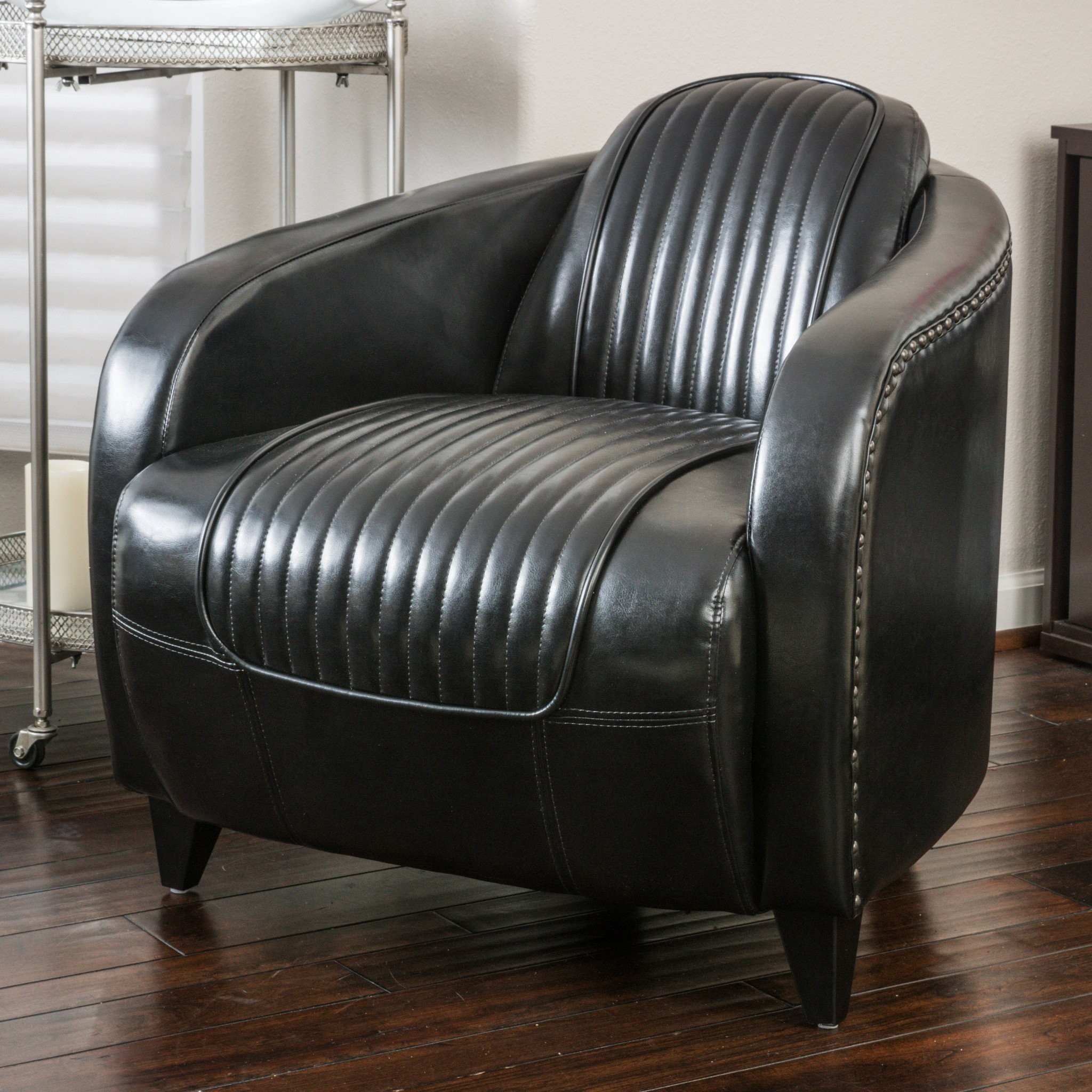 Lemay Channeled Black Leather Club Chair
