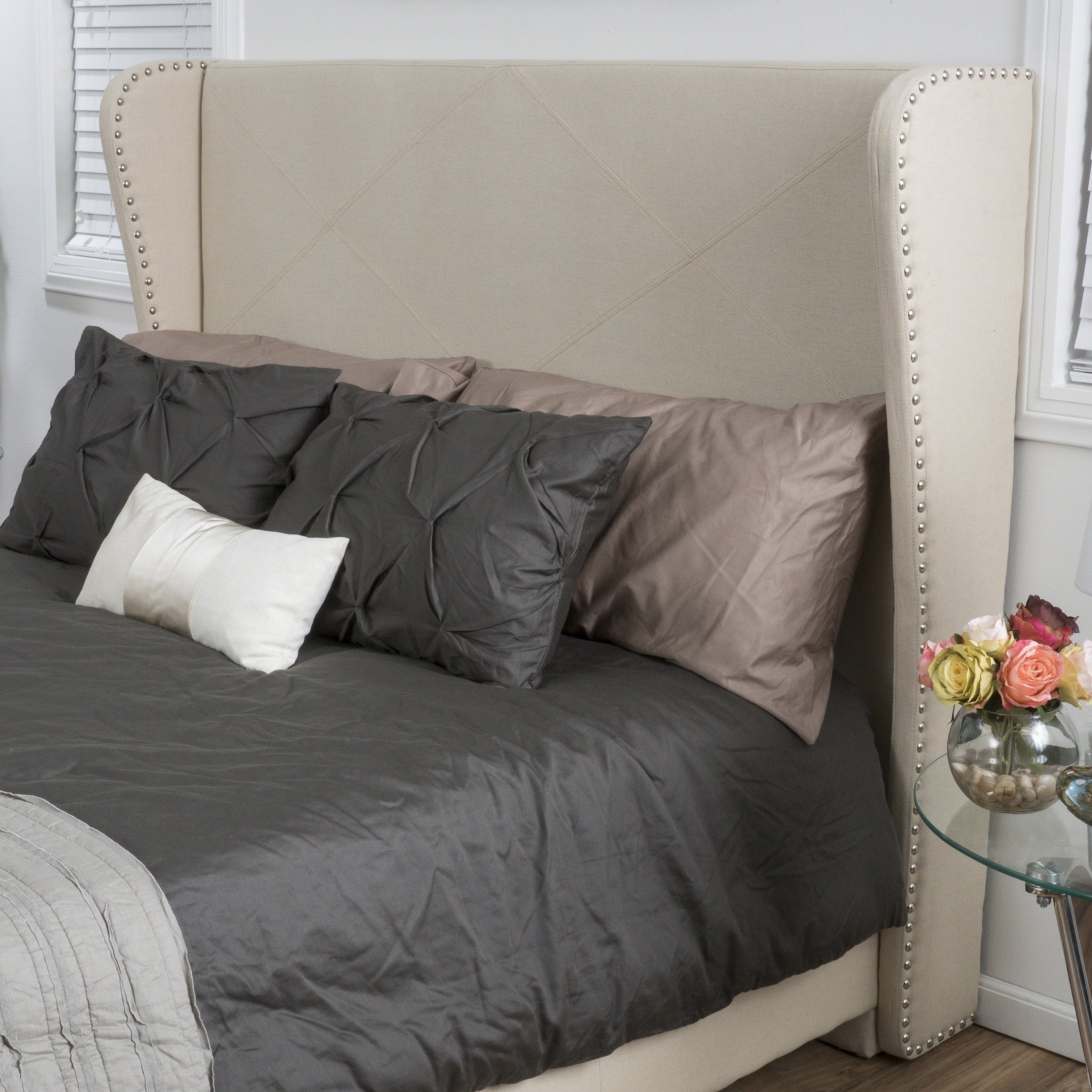 Oxford Ivory Fully Upholstered Queen Whole Bed Hea...