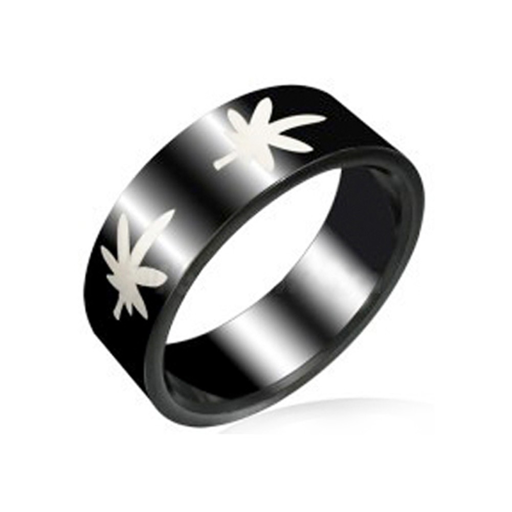 Marijuana Pot Leaf - Black Steel Ring w/ White Lea...