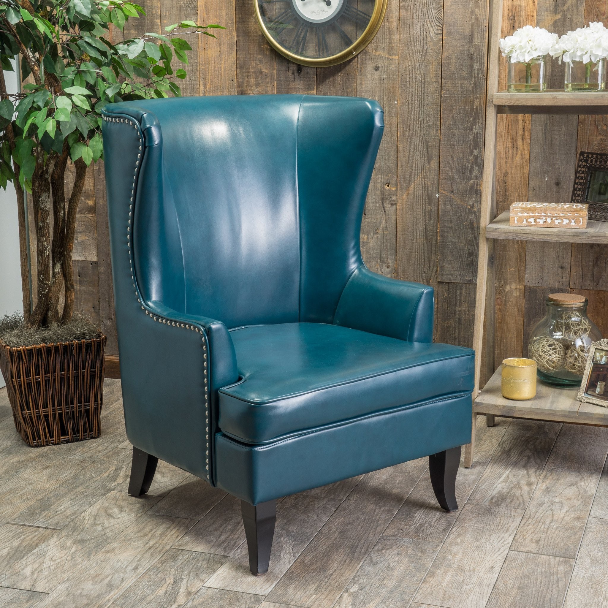 Jameson Tall Wingback Teal Blue Leather Club Chair