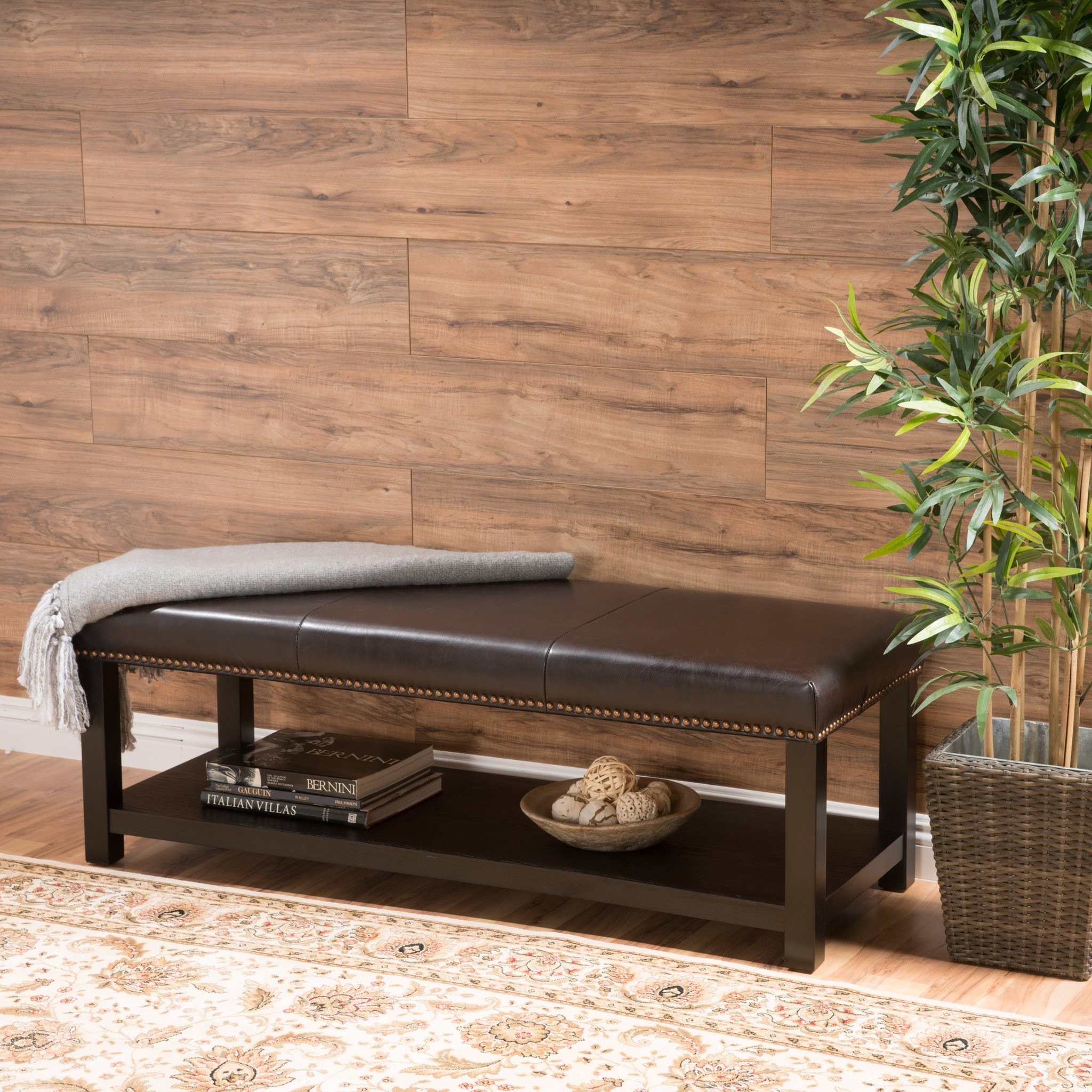 Carlney Contemporary Leather Brown Ottoman Bench w...